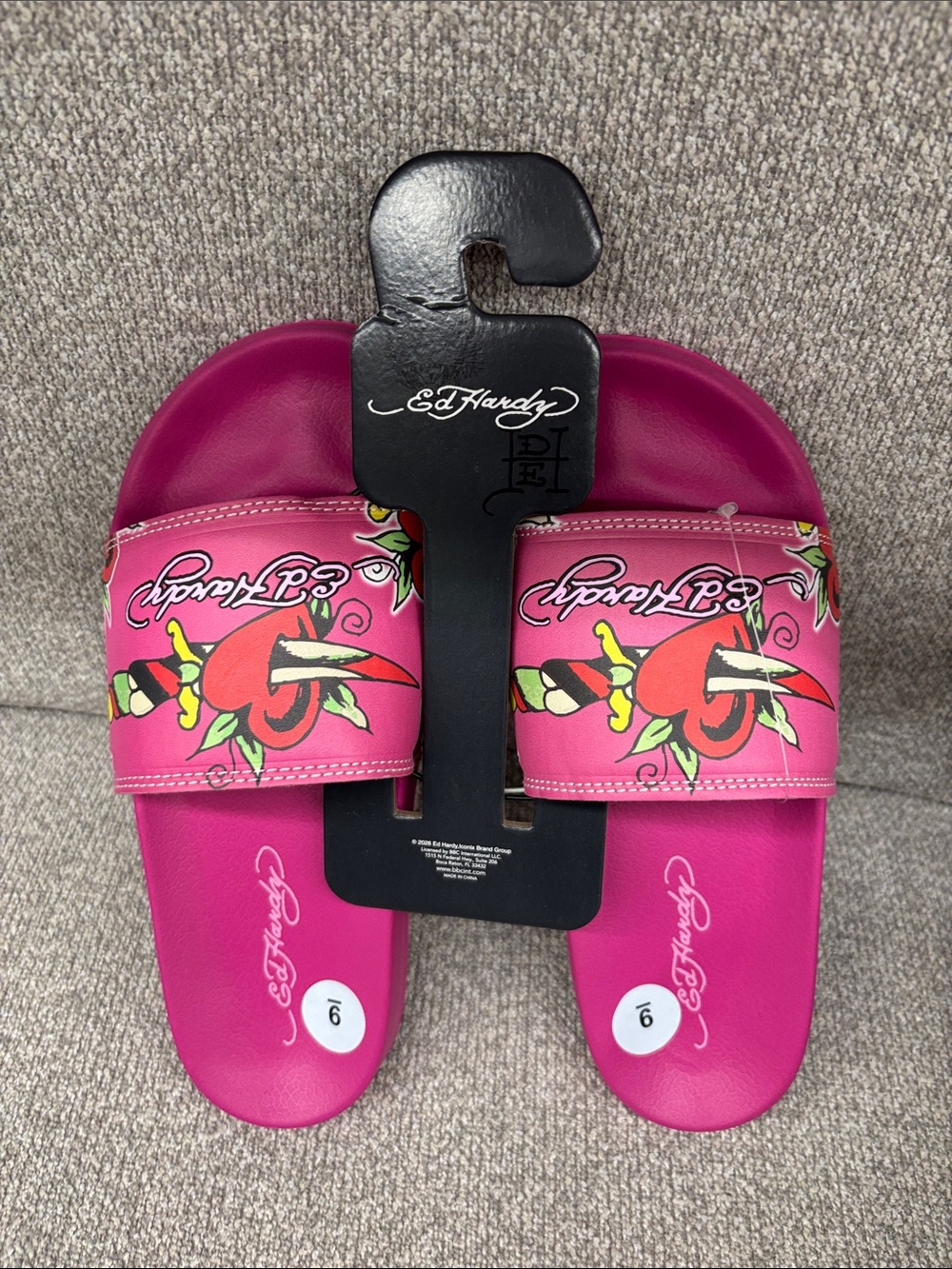 Ed Hardy Hot Pink Floral Dagger Slide Sandals